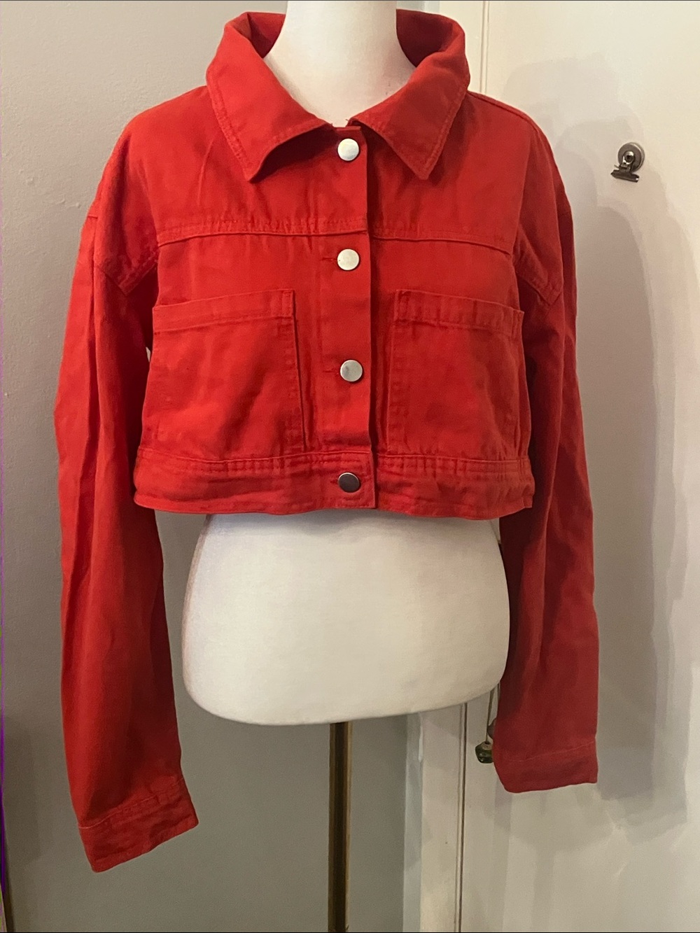 PrettyLittleThing Red Cropped Jean Jacket with Snap Buttons